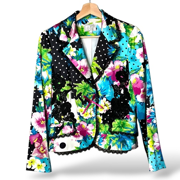 ALBERTO MAKALI 100% Silk Fully Lined Blazer Lace Trim Crochet Appliqué Sz 4 - Picture 3 of 13